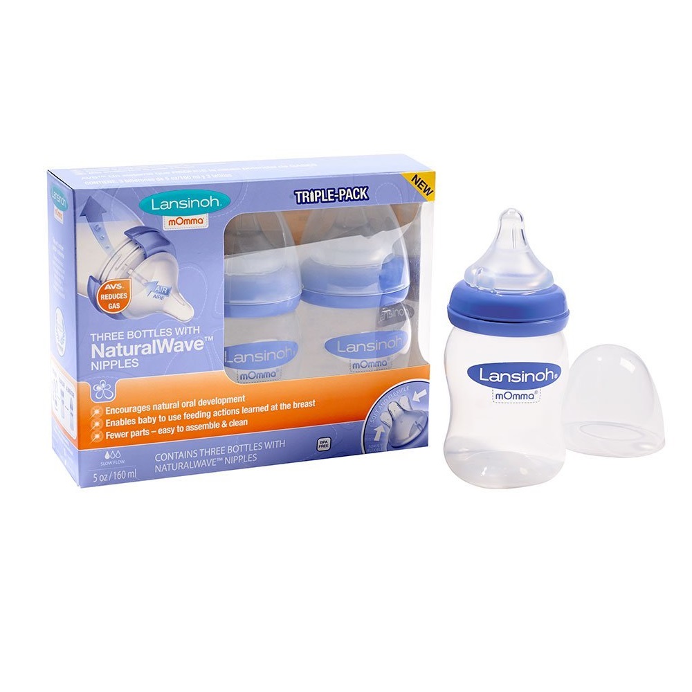 Bộ ba bình sữa với núm vú độc đáo Lansinoh mOmma Bottle with NaturalWave Nipple 160 ml
