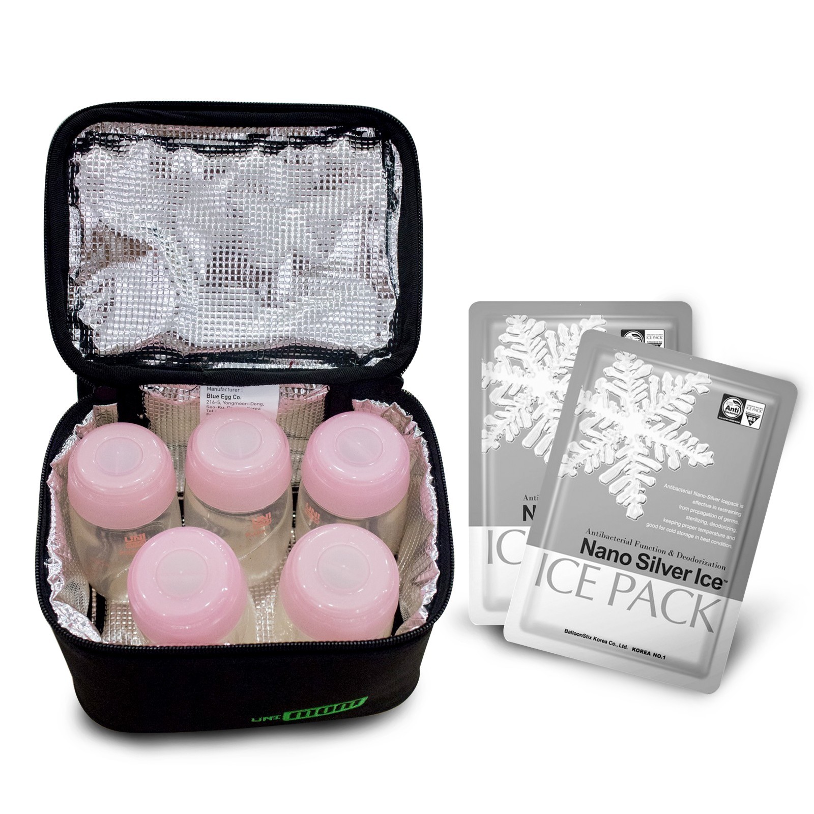 Túi giữ lạnh bình sữa Unimom UM870016 Hàn Quốc gồm 5 bình PP và 2 miếng đá khô diệt khuẩn